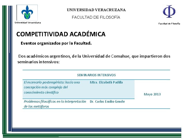 UNIVERSIDAD VERACRUZANA FACULTAD DE FILOSOFÍA Universidad Veracruzana Facultad de Filosofía COMPETITIVIDAD ACADÉMICA Eventos organizados UNIVERSIDAD VERACRUZANA FACULTAD DE FILOSOFÍA Universidad Veracruzana Facultad de Filosofía COMPETITIVIDAD ACADÉMICA Eventos organizados