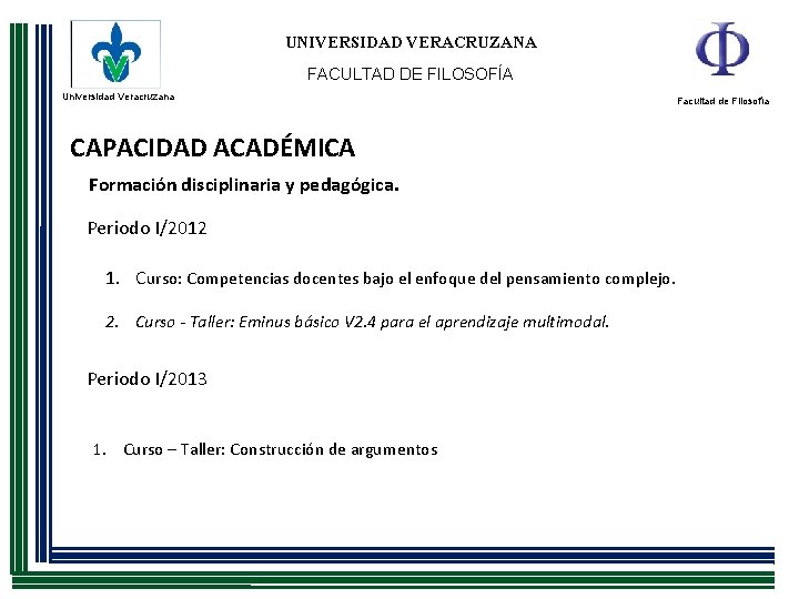 UNIVERSIDAD VERACRUZANA FACULTAD DE FILOSOFÍA Universidad Veracruzana CAPACIDAD ACADÉMICA Formación disciplinaria y pedagógica. Periodo