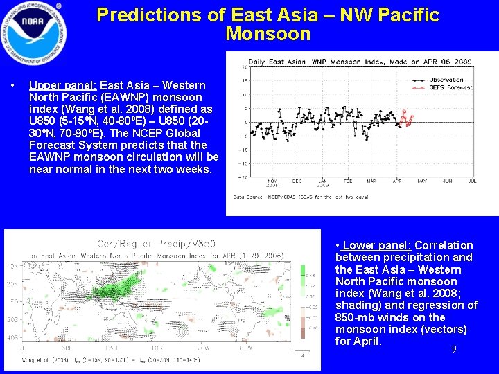 Predictions of East Asia – NW Pacific Monsoon • Upper panel: East Asia –