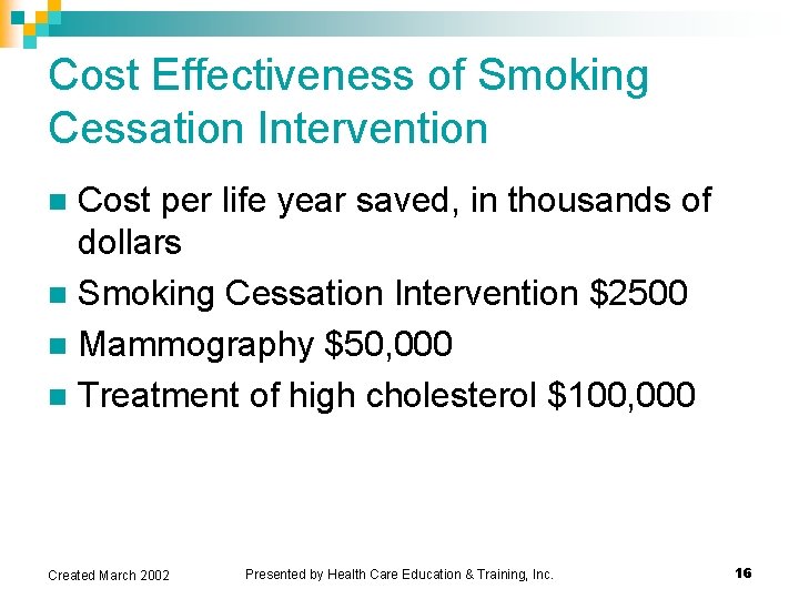 Cost Effectiveness of Smoking Cessation Intervention Cost per life year saved, in thousands of Cost Effectiveness of Smoking Cessation Intervention Cost per life year saved, in thousands of