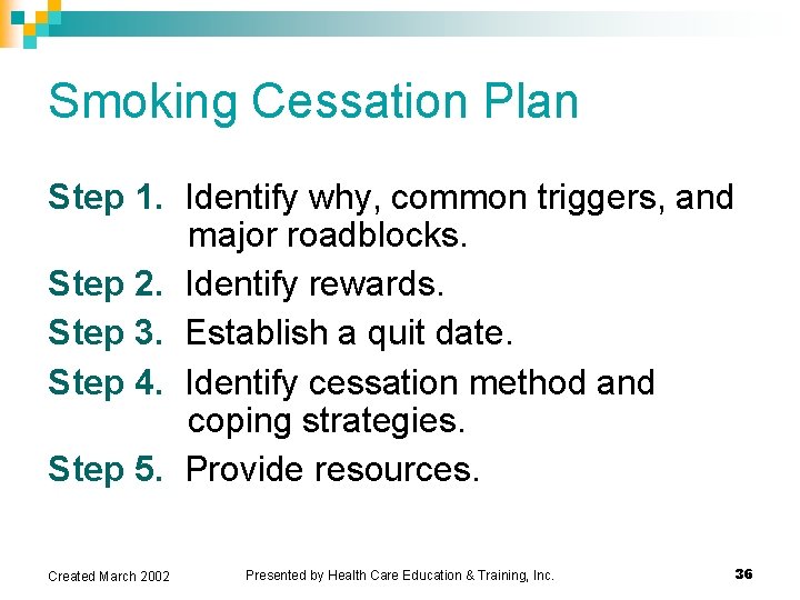 Smoking Cessation Plan Step 1. Identify why, common triggers, and major roadblocks. Step 2. Smoking Cessation Plan Step 1. Identify why, common triggers, and major roadblocks. Step 2.