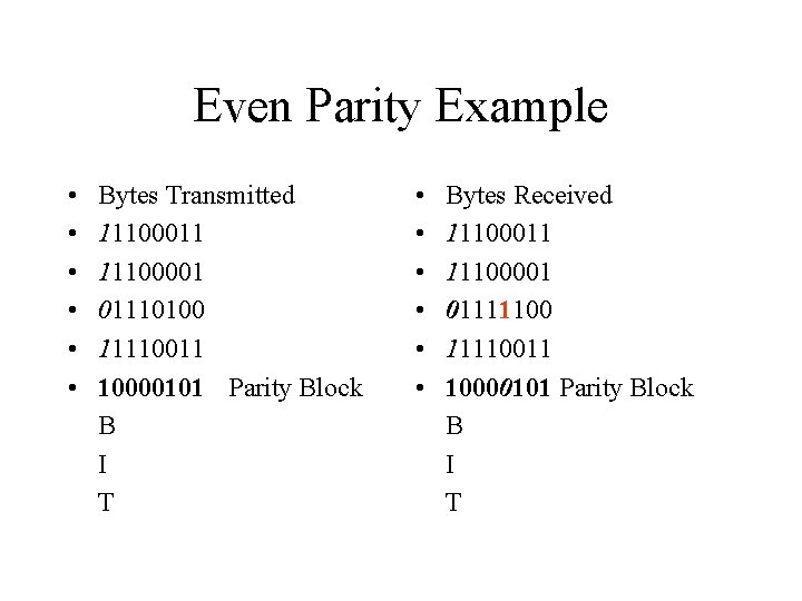 Even Parity Example • • • Bytes Transmitted 11100011 11100001 01110100 11110011 10000101 Parity