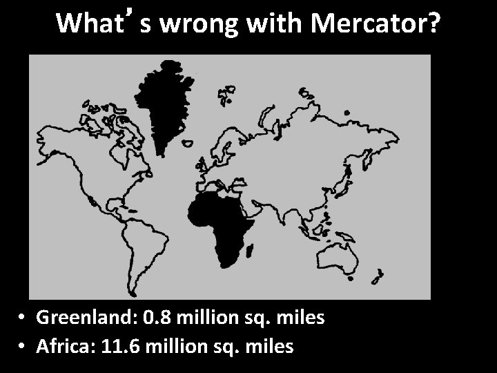 What’s wrong with Mercator? • Greenland: 0. 8 million sq. miles • Africa: 11.