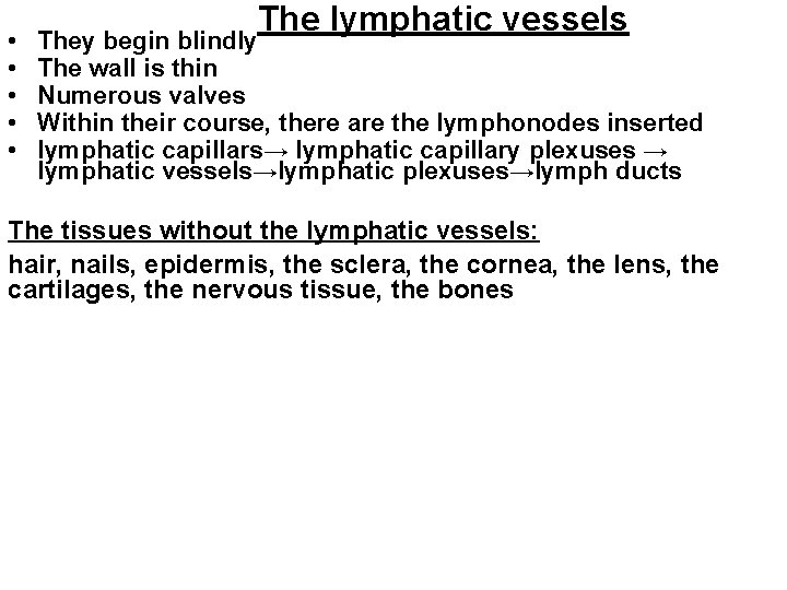 • • • The lymphatic vessels They begin blindly The wall is thin • • • The lymphatic vessels They begin blindly The wall is thin
