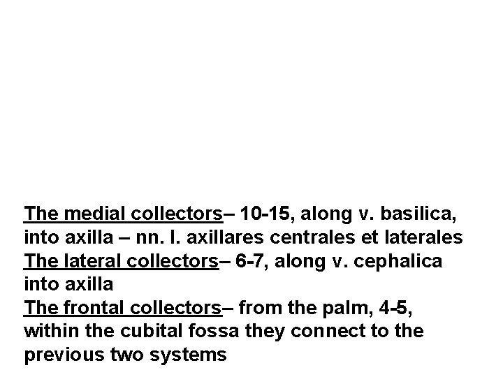 The medial collectors– 10 -15, along v. basilica, into axilla – nn. l. axillares The medial collectors– 10 -15, along v. basilica, into axilla – nn. l. axillares