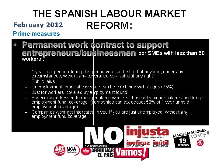 THE SPANISH LABOUR MARKET February 2012 REFORM: Prime measures workers : por SMEs with