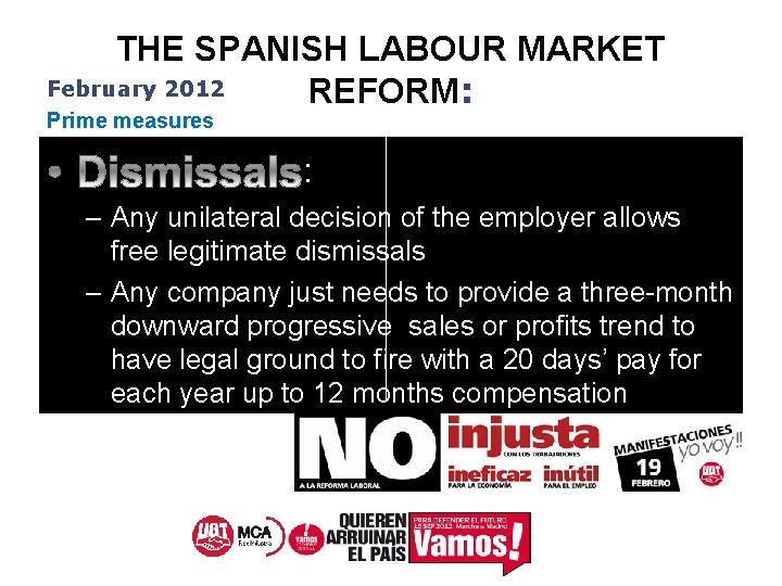 THE SPANISH LABOUR MARKET February 2012 REFORM: Prime measures : – Any unilateral decision