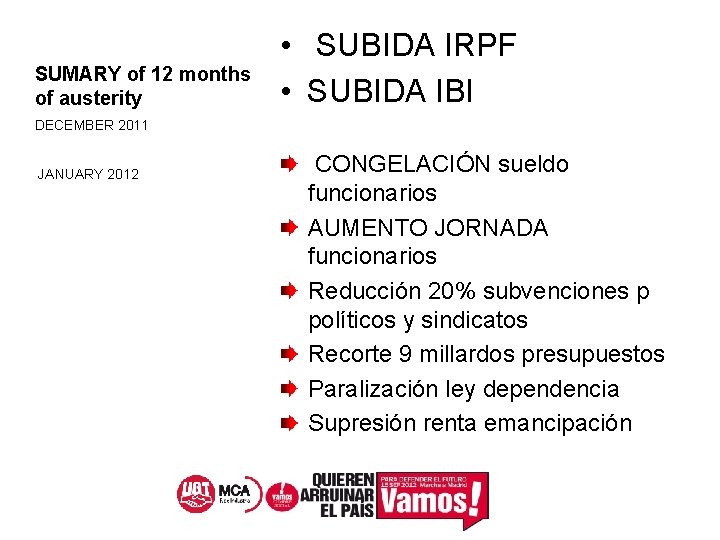 SUMARY of 12 months of austerity • SUBIDA IRPF • SUBIDA IBI DECEMBER 2011