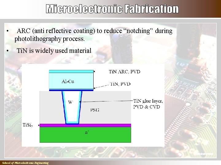  • ARC (anti reflective coating) to reduce “notching” during photolithography process. • Ti.