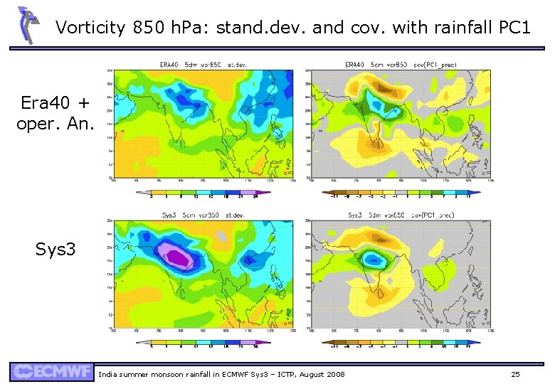 Vorticity 850 h. Pa: stand. dev. and cov. with rainfall PC 1 Era 40