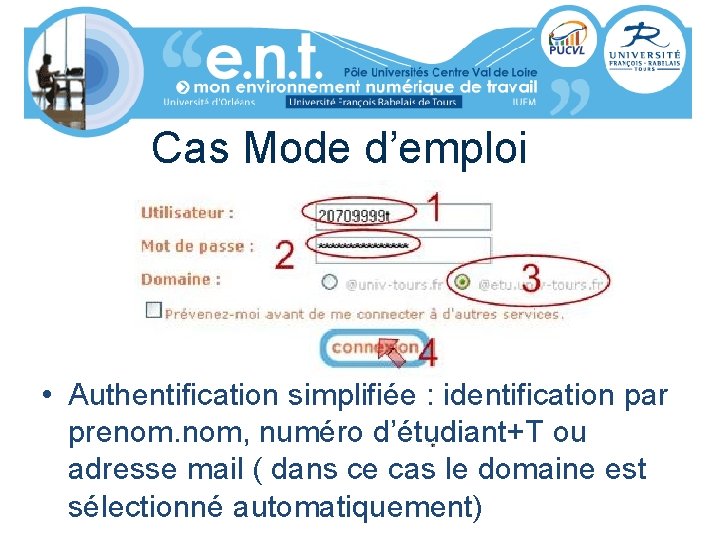 Cas Mode d’emploi • Authentification simplifiée : identification par prenom. nom, numéro d’étudiant+T ou