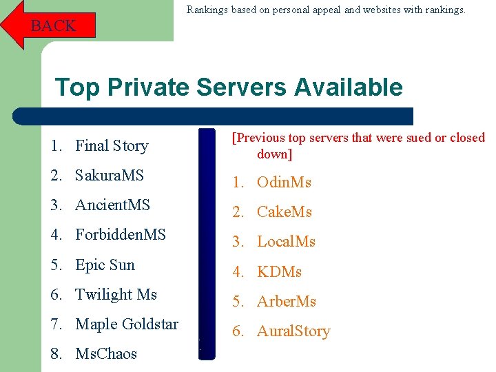 Rankings based on personal appeal and websites with rankings. BACK Top Private Servers Available