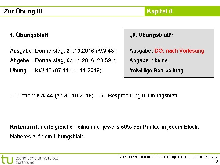 Zur Übung III Kapitel 0 1. Übungsblatt „ 0. Übungsblatt“ Ausgabe: Donnerstag, 27. 10.