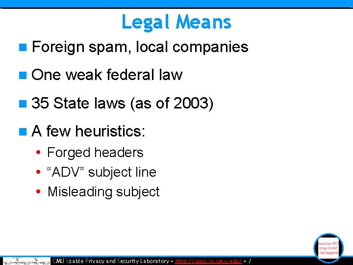 Legal Means n Foreign spam, local companies n One weak federal law n 35