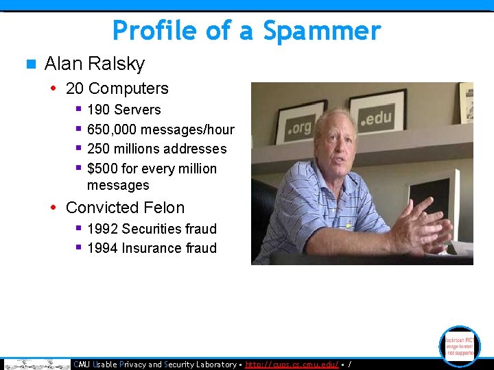 Profile of a Spammer n Alan Ralsky • 20 Computers § 190 Servers §