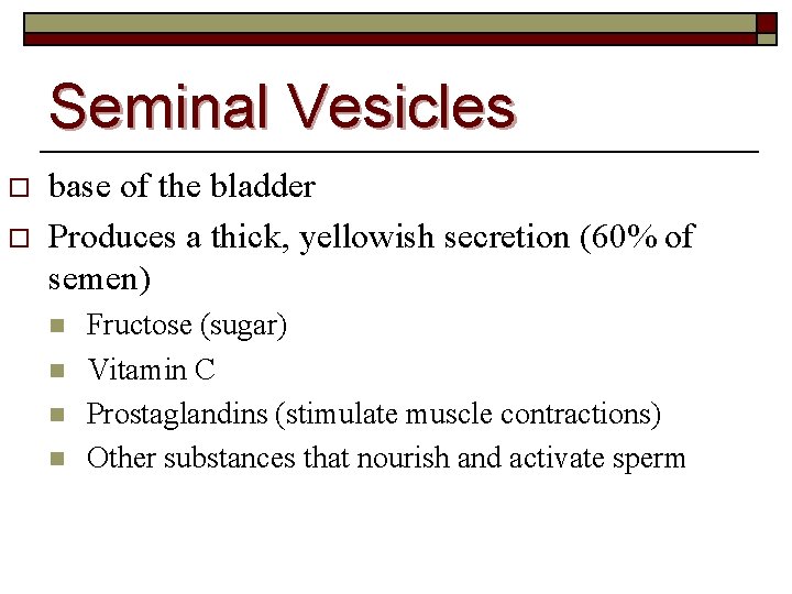 Seminal Vesicles o o base of the bladder Produces a thick, yellowish secretion (60%