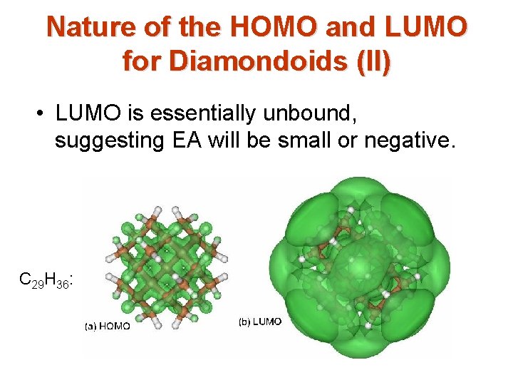 Nature of the HOMO and LUMO for Diamondoids (II) • LUMO is essentially unbound, Nature of the HOMO and LUMO for Diamondoids (II) • LUMO is essentially unbound,