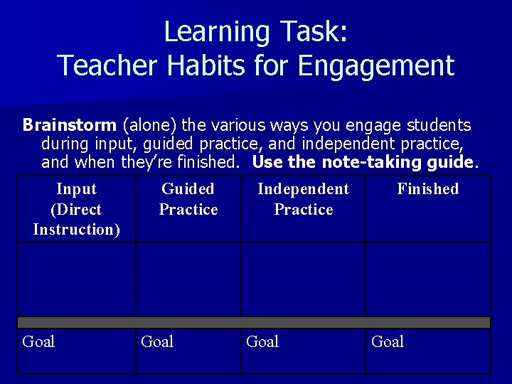 Learning Task: Teacher Habits for Engagement Brainstorm (alone) the various ways you engage students