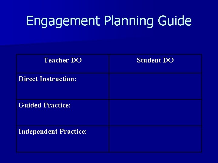 Engagement Planning Guide Teacher DO Direct Instruction: Guided Practice: Independent Practice: Student DO 