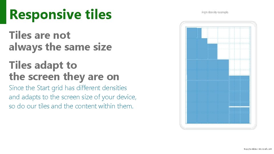Responsive tiles Low density High density example Tiles are not always the same size