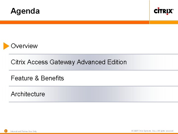 Agenda Overview Citrix Access Gateway Advanced Edition Feature & Benefits Architecture 2 Internal and