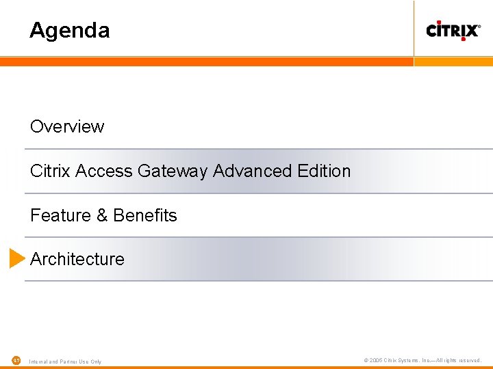 Agenda Overview Citrix Access Gateway Advanced Edition Feature & Benefits Architecture 47 Internal and