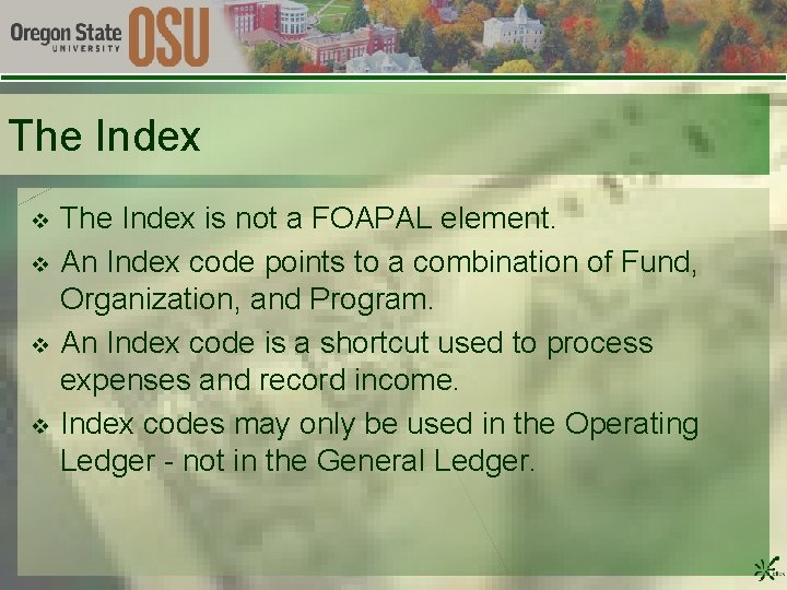 The Index v v The Index is not a FOAPAL element. An Index code