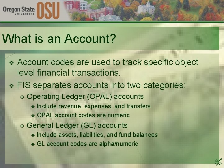 What is an Account? v v Account codes are used to track specific object
