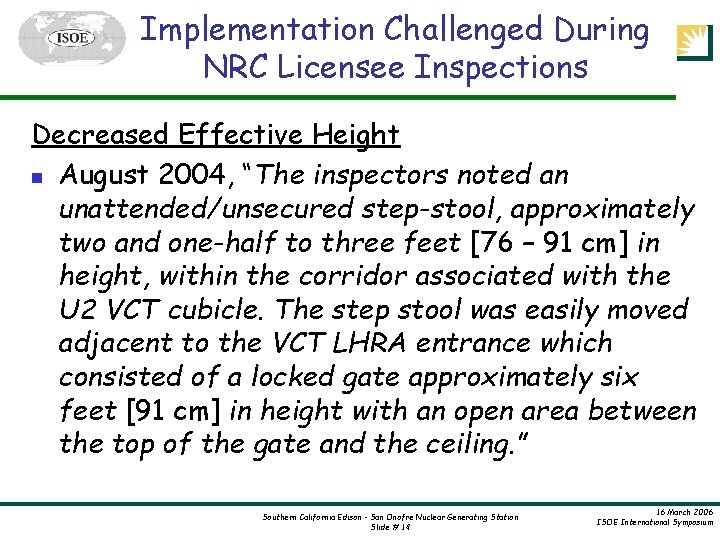 Implementation Challenged During NRC Licensee Inspections Decreased Effective Height n August 2004, “The inspectors