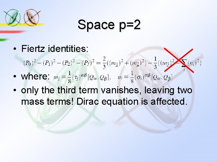 Space p=2 • Fiertz identities: • where: • only the third term vanishes, leaving