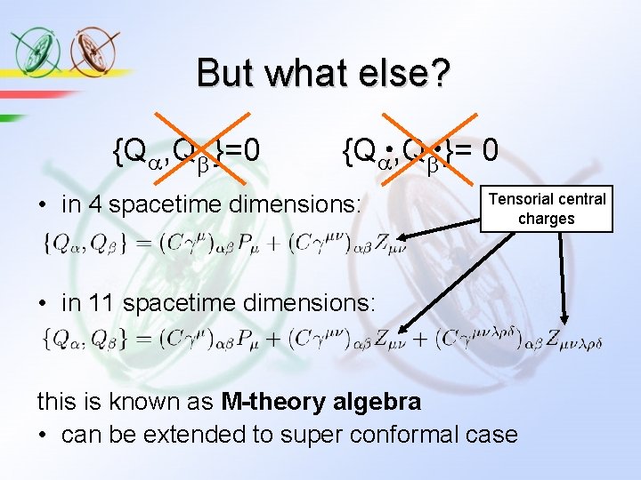But what else? {Qa, Qb }=0 {Qa, Qb }= 0 • in 4 spacetime But what else? {Qa, Qb }=0 {Qa, Qb }= 0 • in 4 spacetime