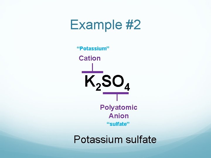 Example #2 “Potassium” Cation K 2 SO 4 Polyatomic Anion “sulfate” Potassium sulfate 