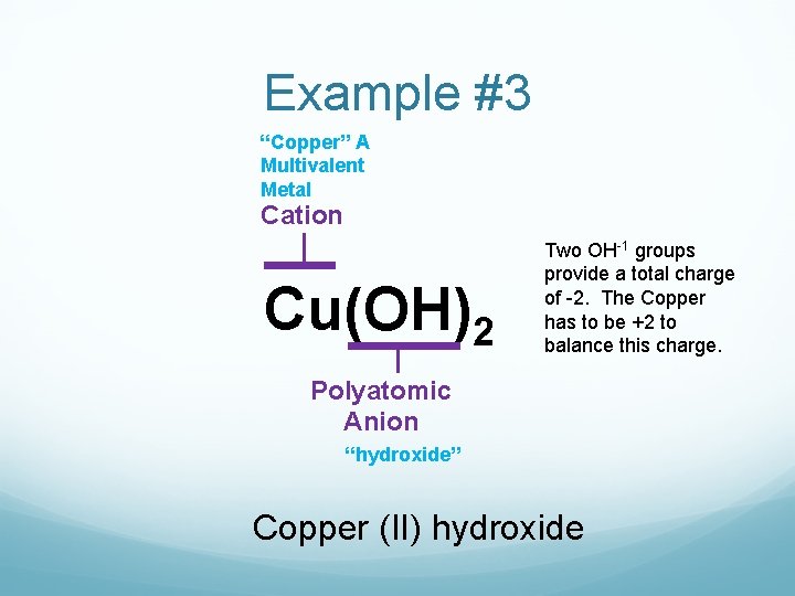 Example #3 “Copper” A Multivalent Metal Cation Cu(OH)2 Two OH-1 groups provide a total