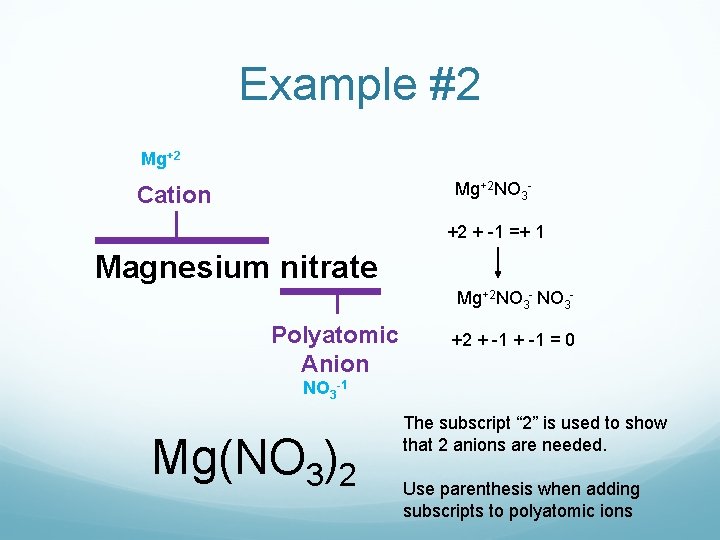 Example #2 Mg+2 NO 3 - Cation +2 + -1 =+ 1 Magnesium nitrate