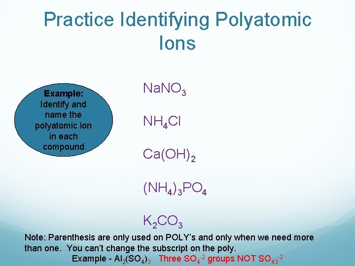 Practice Identifying Polyatomic Ions Example: Identify and name the polyatomic ion in each compound