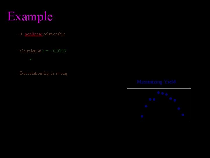 Example –A nonlinear relationship • Not a straight line: A curved relationship –Correlation r Example –A nonlinear relationship • Not a straight line: A curved relationship –Correlation r