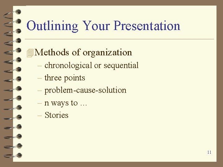 Outlining Your Presentation 4 Methods of organization – chronological or sequential – three points Outlining Your Presentation 4 Methods of organization – chronological or sequential – three points