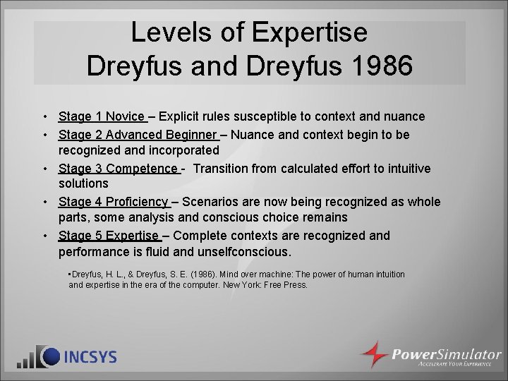 Levels of Expertise Dreyfus and Dreyfus 1986 • Stage 1 Novice – Explicit rules Levels of Expertise Dreyfus and Dreyfus 1986 • Stage 1 Novice – Explicit rules
