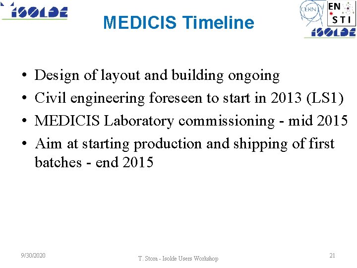 MEDICIS Timeline • • Design of layout and building ongoing Civil engineering foreseen to