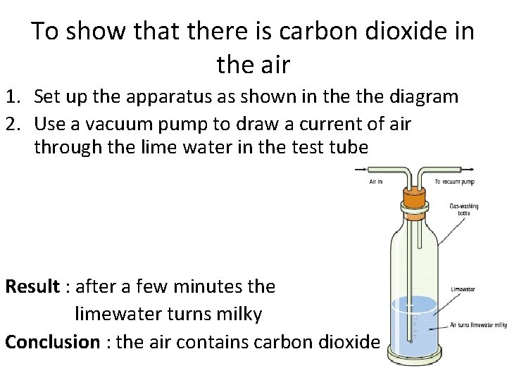 To show that there is carbon dioxide in the air 1. Set up the To show that there is carbon dioxide in the air 1. Set up the