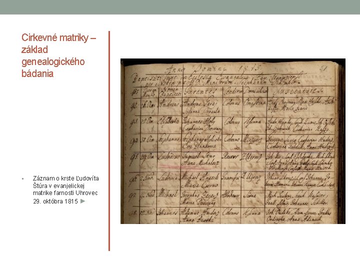 Cirkevné matriky – základ genealogického bádania § Záznam o krste Ľudovíta Štúra v evanjelickej Cirkevné matriky – základ genealogického bádania § Záznam o krste Ľudovíta Štúra v evanjelickej