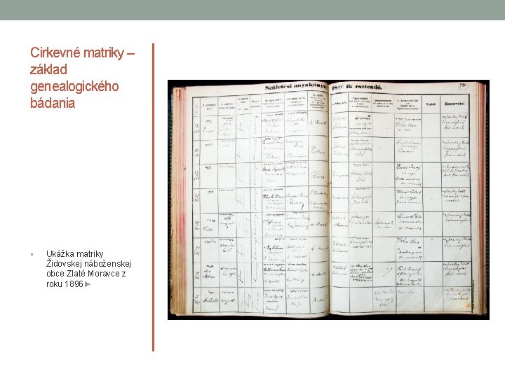 Cirkevné matriky – základ genealogického bádania § Ukážka matriky Židovskej náboženskej obce Zlaté Moravce Cirkevné matriky – základ genealogického bádania § Ukážka matriky Židovskej náboženskej obce Zlaté Moravce