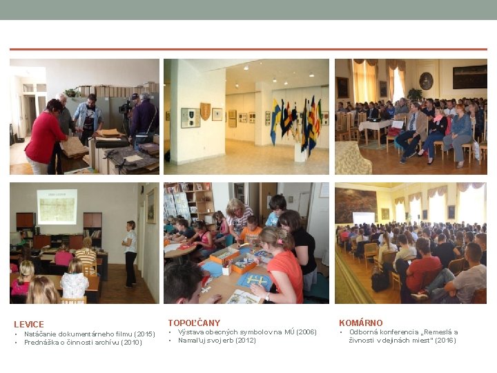 LEVICE • Natáčanie dokumentárneho filmu (2015) • Prednáška o činnosti archívu (2010) TOPOĽČANY KOMÁRNO LEVICE • Natáčanie dokumentárneho filmu (2015) • Prednáška o činnosti archívu (2010) TOPOĽČANY KOMÁRNO