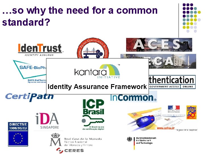 …so why the need for a common standard? Identity Assurance Framework …so why the need for a common standard? Identity Assurance Framework