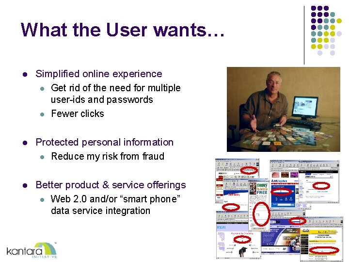 What the User wants… l Simplified online experience l Get rid of the need What the User wants… l Simplified online experience l Get rid of the need