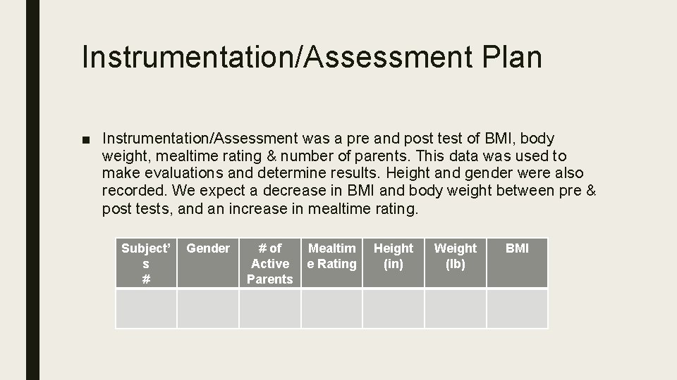 Instrumentation/Assessment Plan ■ Instrumentation/Assessment was a pre and post test of BMI, body weight, Instrumentation/Assessment Plan ■ Instrumentation/Assessment was a pre and post test of BMI, body weight,