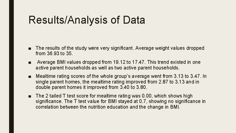 Results/Analysis of Data ■ The results of the study were very significant. Average weight Results/Analysis of Data ■ The results of the study were very significant. Average weight
