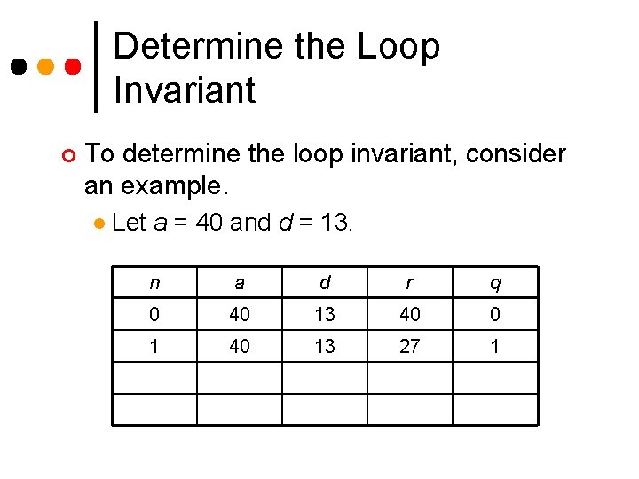 Determine the Loop Invariant ¢ To determine the loop invariant, consider an example. l Determine the Loop Invariant ¢ To determine the loop invariant, consider an example. l