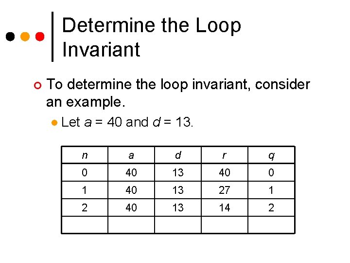 Determine the Loop Invariant ¢ To determine the loop invariant, consider an example. l Determine the Loop Invariant ¢ To determine the loop invariant, consider an example. l