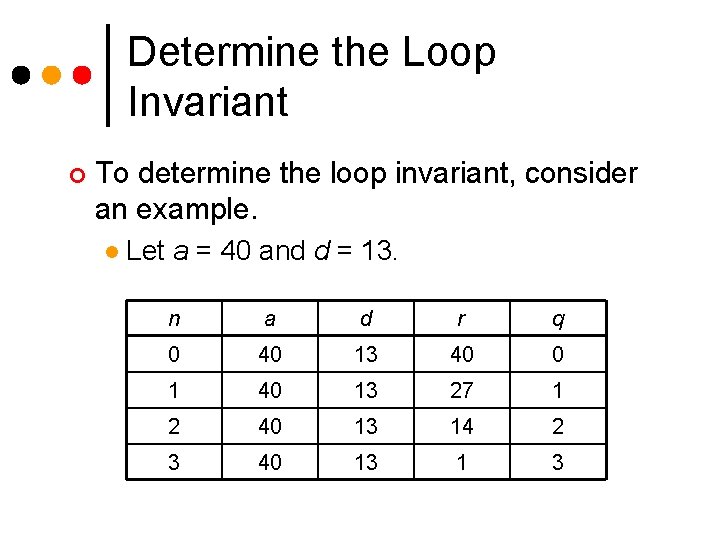 Determine the Loop Invariant ¢ To determine the loop invariant, consider an example. l Determine the Loop Invariant ¢ To determine the loop invariant, consider an example. l
